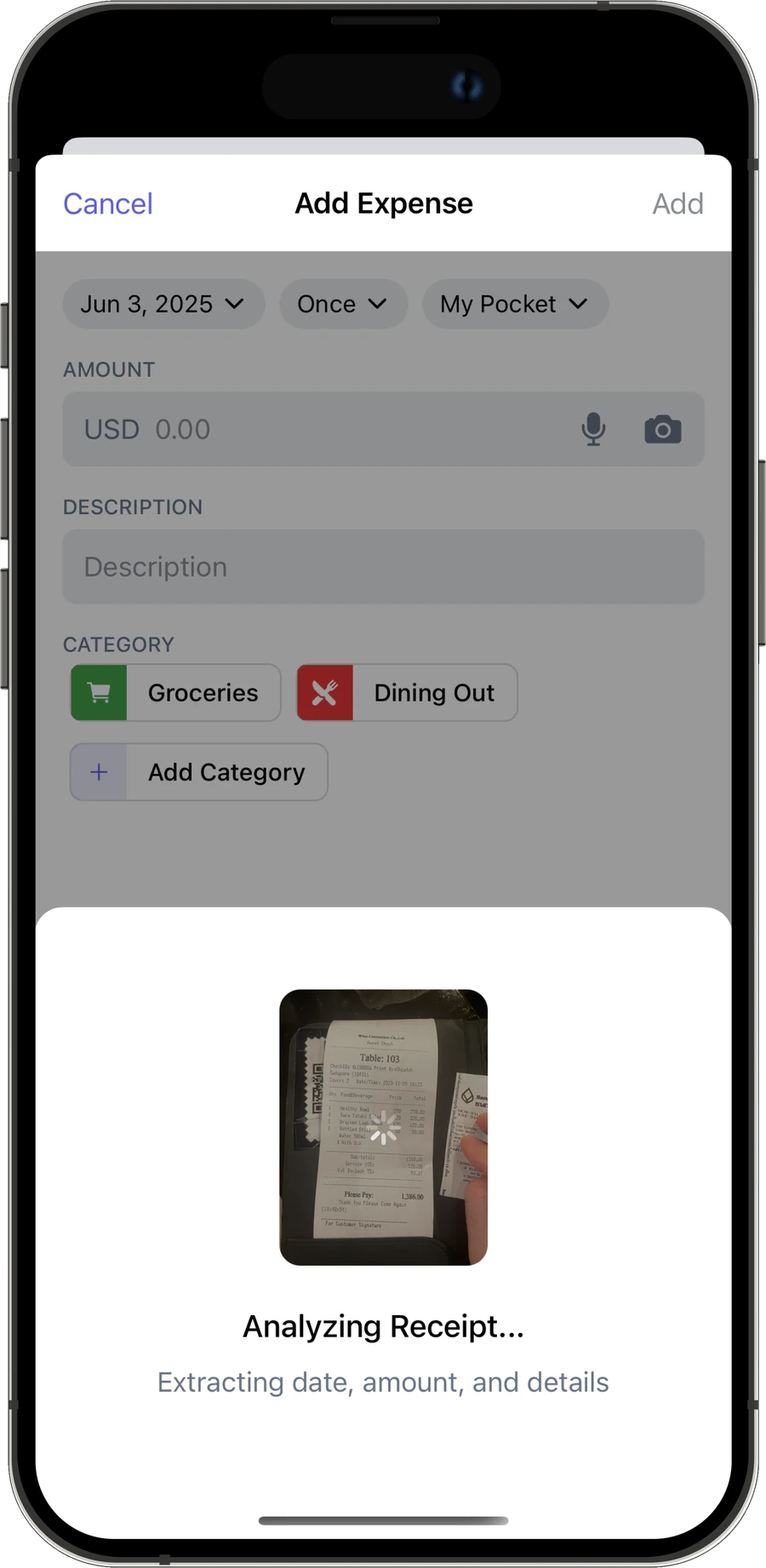 Add Expense screen analysing a receipt photo