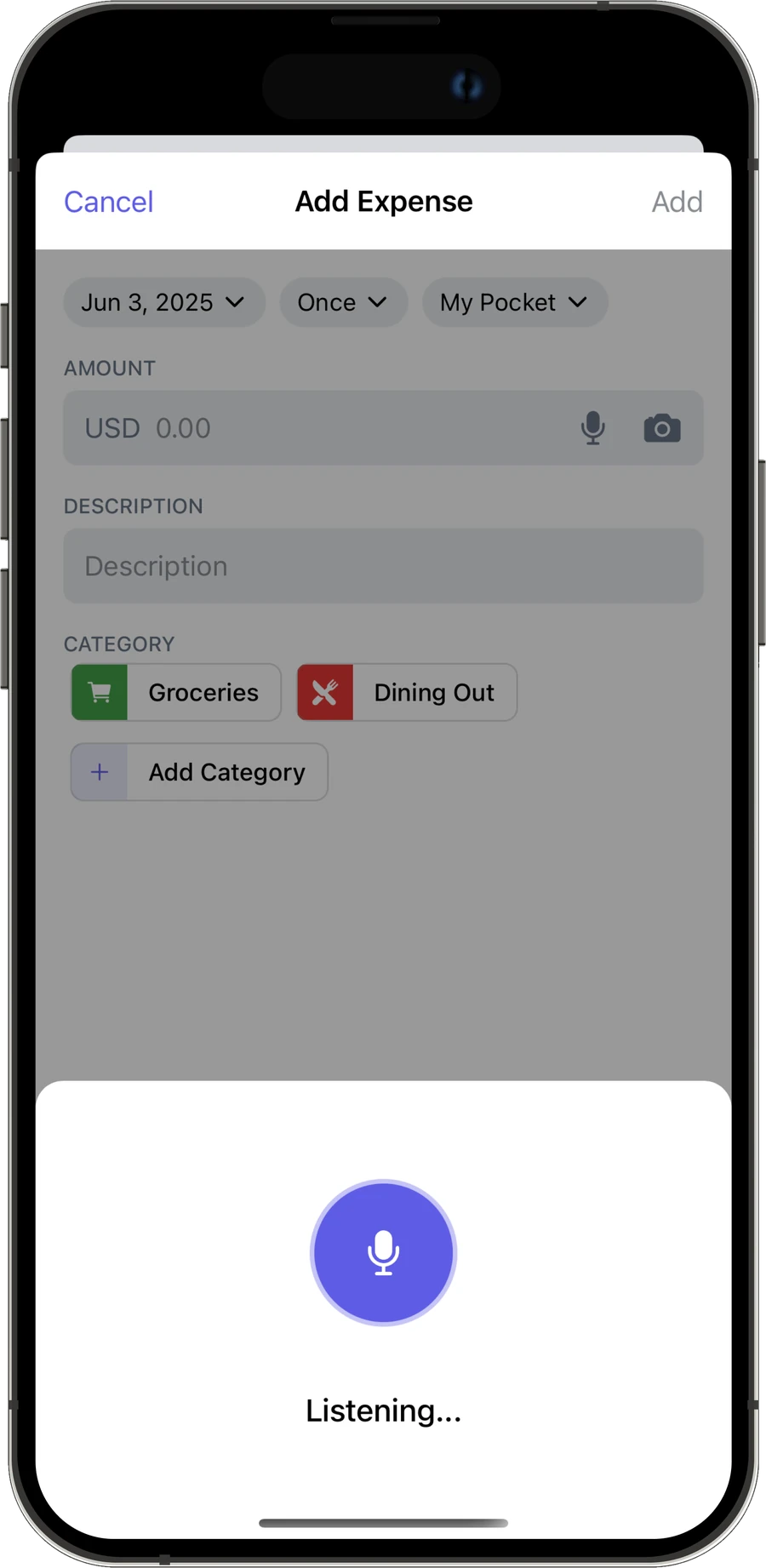 Add Expense screen with a voice input sheet reading Listening