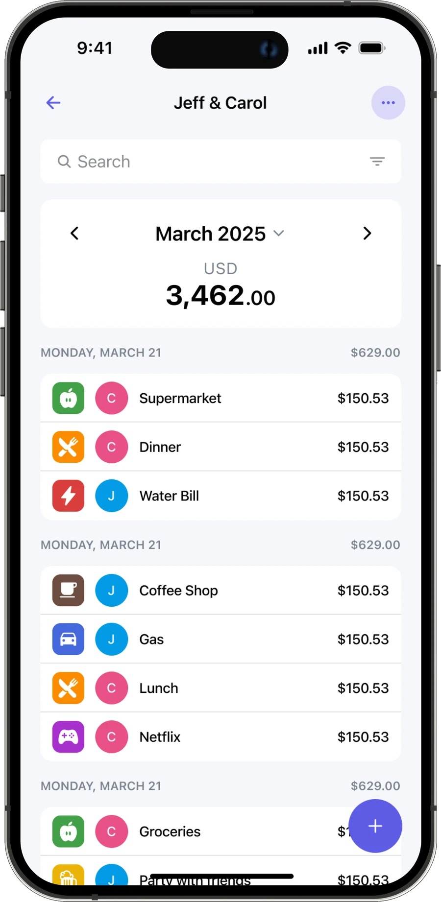 A shared pocket for Jeff and Carol, listing each expense by day with the initial of whoever paid
