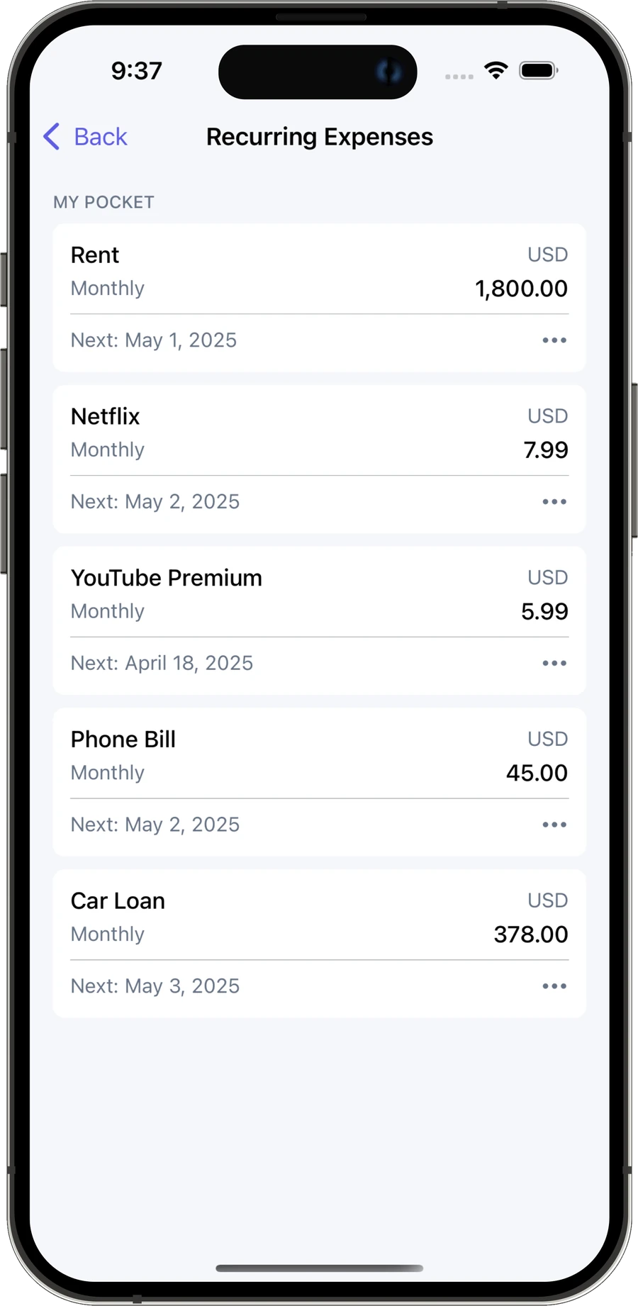Recurring Expenses screen listing rent, Netflix, YouTube Premium, a phone bill, and a car loan